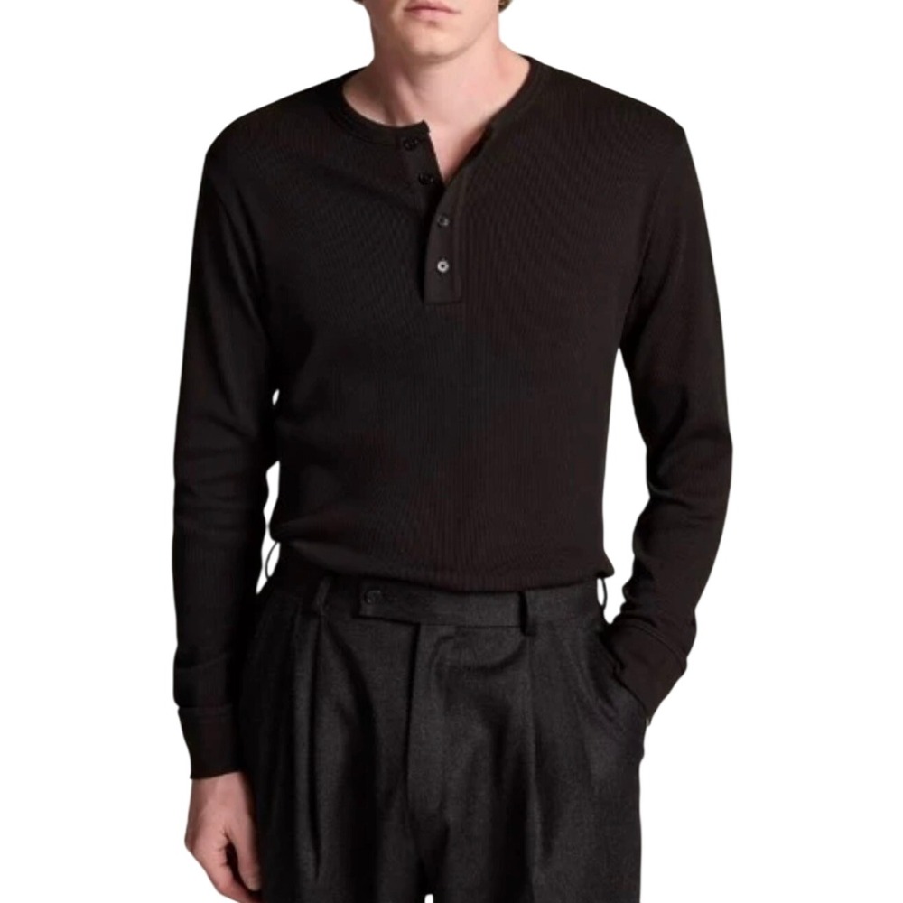 Vince Henley Men XXL Black Excellent Ribbed Long Sleeve Viscose Blend M41209395